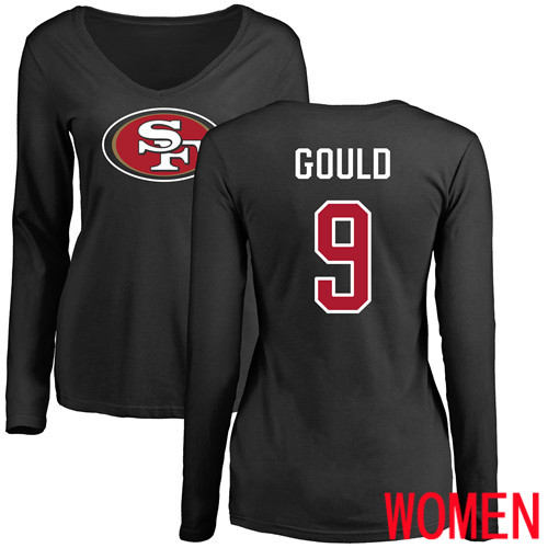 San Francisco 49ers Black Women Robbie Gould Name and Number Logo #9 Long Sleeve NFL T Shirt->women nfl jersey->Women Jersey